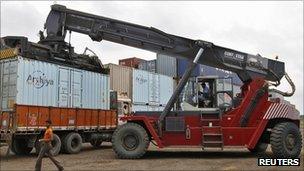 Indian cargo container being prepared for export from Sanand in Gujarat