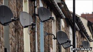 Satellite dishes on homes in a Welsh town