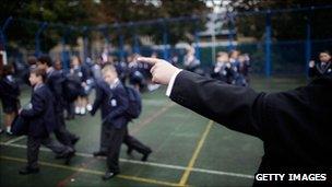 A teacher pointing at pupils