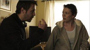 Paddy Considine with Olivia Coleman on the set of Tyrannosaur