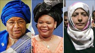 Liberian President Ellen Johnson Sirleaf, Liberian activist Leymah Gbowee and Yemeni activist Tawakkul Karman