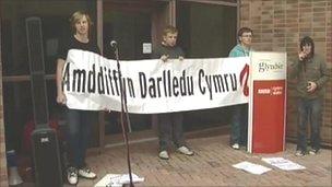 Protesters outside the BBC studios at Wrexham