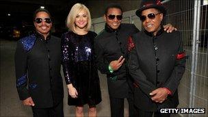 Fearne Cotton, who co-hosted the concert, backstage with Marlon, Jackie and Tito Jackson