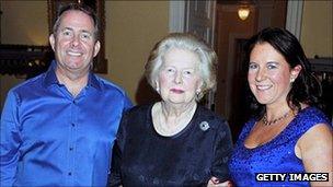 Liam Fox, Baroness Thatcher and Jesme Fox at his 50th birthday party