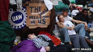 Protesters camping out at Zuccotti Park, 10 October 2011