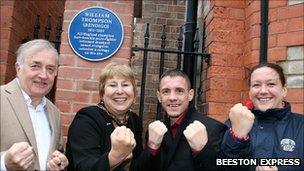 Alan Dance, Jacky Williams, boxer Jason Booth and Charlotte Blomely at the unveiling of the plaque