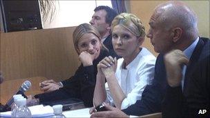 Yulia Tymoshenko with husband Oleksandr, right, and daughter Evhenya at her trial in Kiev in Sept 2011