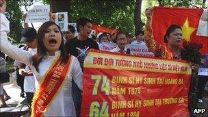 Vietnamese anti-China protesters marching in Hanoi on 24 July 2011, remembering Vietnamese soldiers killed by the Chinese in the South China Sea.