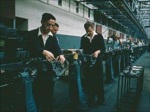 Workers on the shop floor at the Vauxhall Motors car factory in Luton, Bedfordshire, 1955