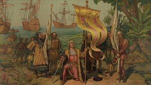 Print of Columbus claiming America for Spain