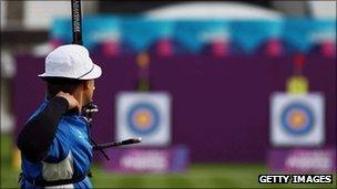 Antti Tekoniemi of Finland during the Locog archery test event at Lord's Cricket Ground in London