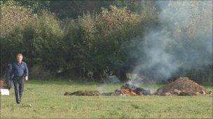 The carcass of a cow being burned on a Herefordshire farm