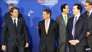 French Finance Minister Francois Baroin (left), US Treasury Secretary Timothy Geithner, and Chancellor George Osborne at a previous meeting earlier this month