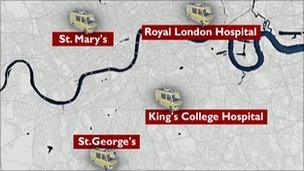 A map of London, showing the locations of the four major trauma units