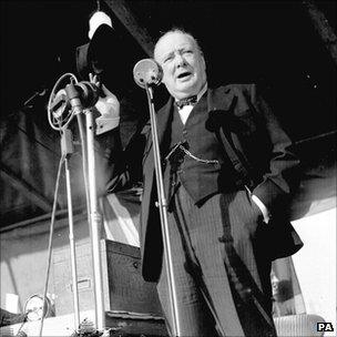 Churchill addresses crowd at Walthamstow Stadium in 1945