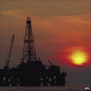 Oil rig at sunset