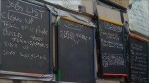 Wall of organisation on the side of St Paul's Cathedral at the Occupy London camp. Photo: Laura O'Farrell