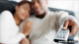 Couple with a TV remote. Pic: Jupiter Images