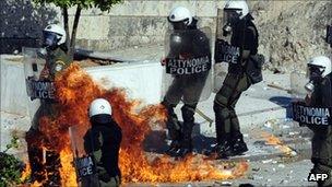 Greek police are attacked by petrol bombs. Photo: 19 October 2011