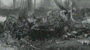 Wreckage of the Eagle Viking aircraft which crashed after take off from Blackbushe airport near Yateley in Hampshire