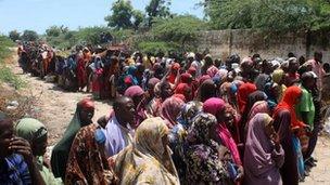 Families from southern Somalia queue up for aid from aid agency at Howl Wadaag district in Mogadishu - 15 October 2011