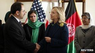 Hillary Clinton meets Salahuddin Rabbani at the US embassy in Kabul