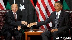 Interim Libyan leader Mustafa Abdel Jalil and US President Obama at the UN, September 2011