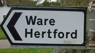 A sign pointing in the direction of Ware and Hertford