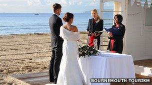 Bournemouth Tourism staged wedding for launch of beach hut 'chapel'