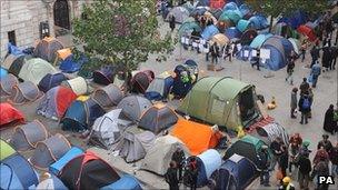 Protesters' tents outside the cathedral