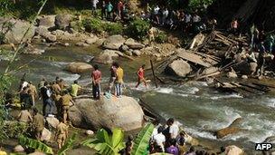 Scene of the bridge collapse in Bijonbari, Darjeeling, West Bengal, on 23 October 2011