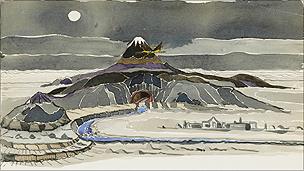 A JRR Tolkein watercolour called Smaug flies round the mountain