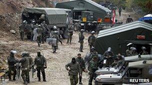 NATO Kosovo Force soldiers from Germany at their base