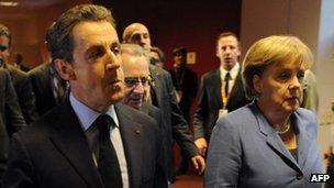 President Sarkozy and Chancellor Merkel at the summit in Brussels - 23 October 2011