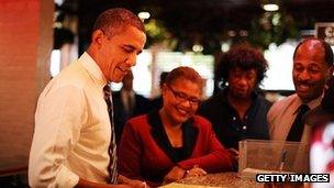 US president Barack Obama at Roscoe's Chicken and Waffles in Los Angeles, California on 24 October 2011