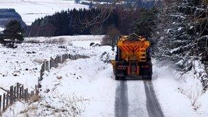 Gritting lorry in snow in Perthshire