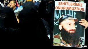 Veiled protesters brandish a poster of the late Chechen warlord Shamil Basayev at a protest outside the Russian consulate in Istanbul, 24 September 2011