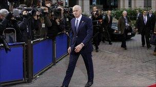 Greek Prime Minister George Papandreou arrives at the European Union summit in Brussels, 26 October 2011