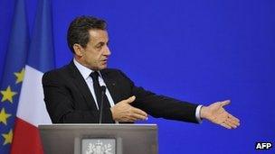 French President Nicolas Sarkozy at end of eurozone summit - 27 October 2011