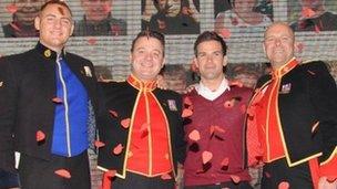 TV presenter Gethin Jones with The Soldiers (left to right) L/Cpl Ryan Idzi ,Staff Sergeant Ritchie Maddocks and Sergeant Major Gary Chilton