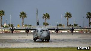 An RAF Hercules transport plane used to evacuate Britons from Libya in February at Malta International Airport