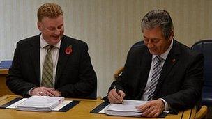 Airport contract signed by Public Services Minister Bernard Flouquet (right) and Lagan's managing director Colin Loughran