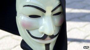 A Guy Fawkes mask associated with the "Anonymous" group