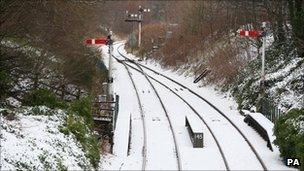 Snow on tracks at Huntly in Aberdeenshire