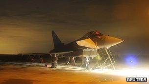 RAF Typhoon fighter jet at Gioia del Colle air base in Italy after first mission over Libya on 21 March 2011 (Photo supplied by MoD)