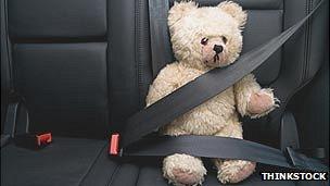 Teddy bear with a seatbelt on