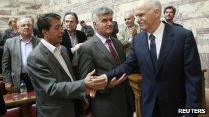 Greek Prime Minister George Papandreou (right) shakes hands with MPs after announcing his referendum plan, 31 October