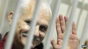 Human rights activist Ales Belyatski in court in Minsk