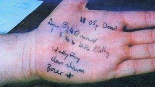 Richard Twigg took a brief description from murder victim Michaela Hague and wrote it on his palm