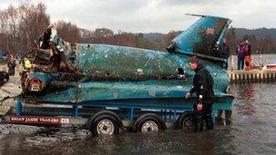 The wreck of Donald Campbell's Bluebird, raised from Coniston Water in the Lake District in March 2001